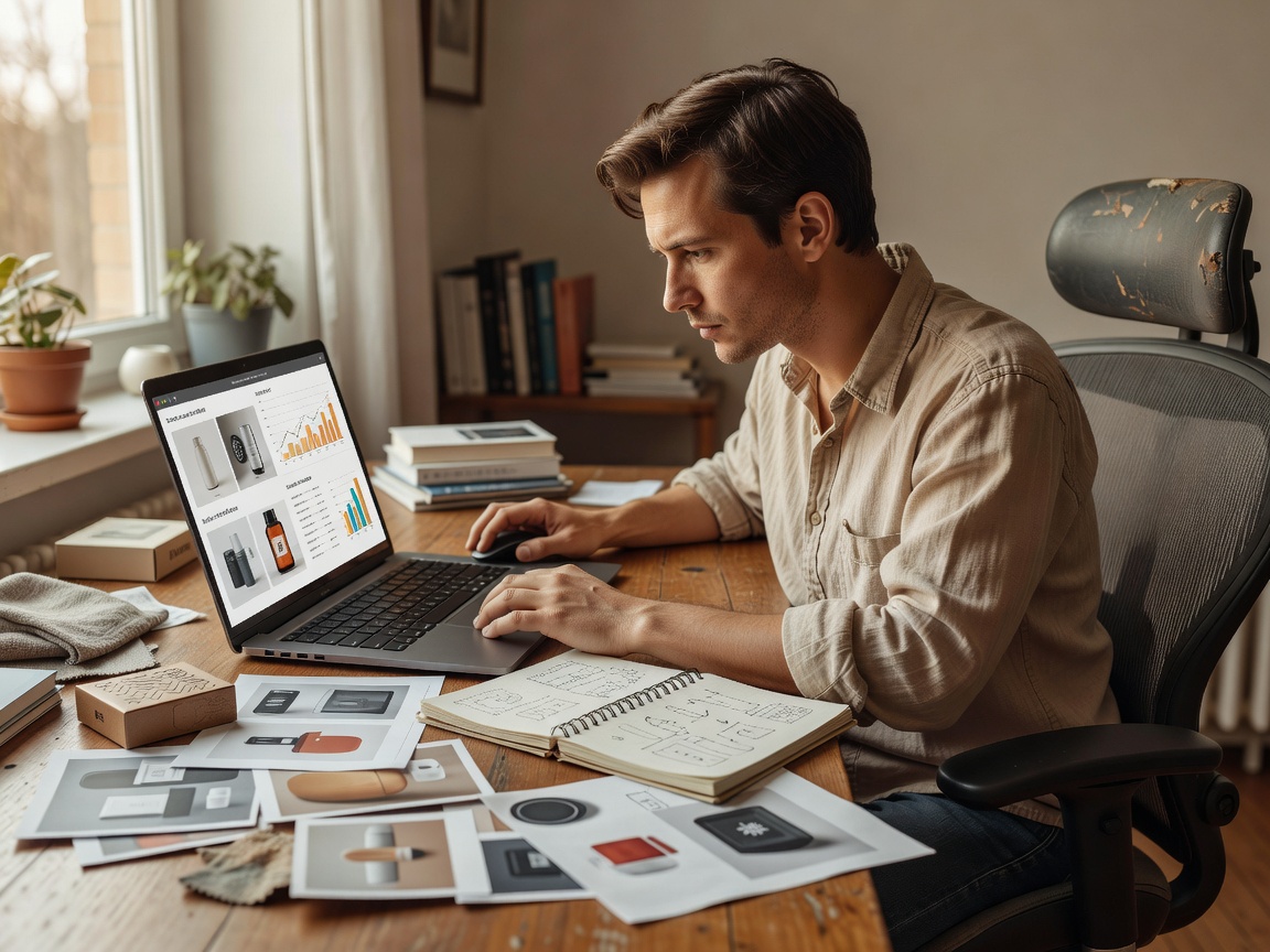 Person researching product details at a home desk in natural light