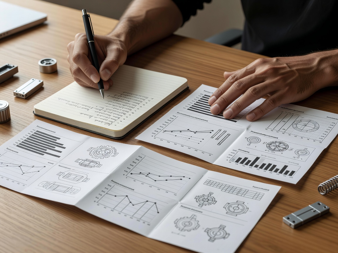 Hands taking notes while reviewing product specifications