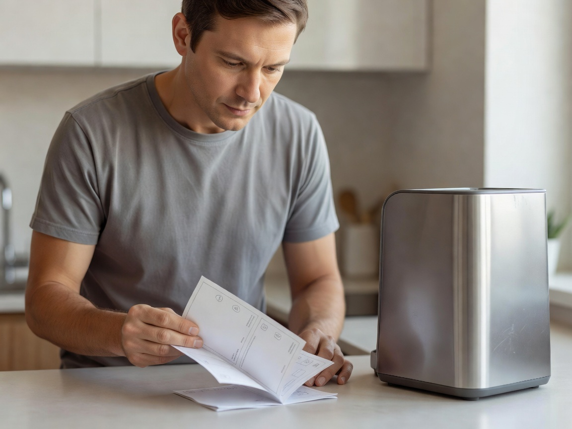 Person checking care and maintenance information for a household product